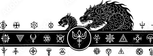 A black and white vector graphic illustration of a dragon with various symbols and runes