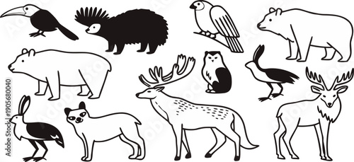 A collection of various North American animals, illustrated in a detailed, black and white engraved style. The composition is arranged in a grid-like fashion, showcasing twenty distinct animal species