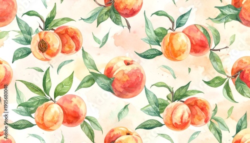 Watercolor peaches with leaves are arranged in a vibrant repeat pattern against a blended peach/cream background