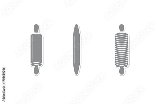 A set of three different rolling pin icons in a grayscale sticker style, including a classic handled pin, a tapered French pin, and a textured ribbed pin on a black background.