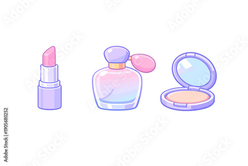 This vector illustration features three beauty products: a pink lipstick, a gradient perfume bottle with a bulb atomizer, and an open compact powder case with a mirror.