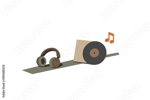 A minimalist illustration featuring brown headphones and a vinyl record with its sleeve on a grey surface against a black background, accompanied by an orange musical note.