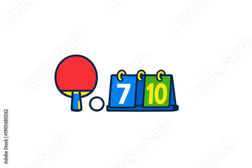 A colorful illustration of a red table tennis paddle, a white ball, and a blue scoreboard showing the numbers seven and ten against a solid black background.