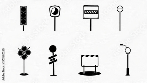 Titles: Warning Signs and Barriers Icon Set, Road Safety Graphics Collection, Minimalist Construction and Railroad Symbols, Black Outline Hazard Signals


