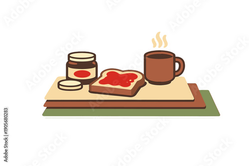 A flat illustration of a breakfast set featuring a slice of toast with red jam, a jar of preserves, and a steaming mug of coffee on a stack of colorful mats against a black background.