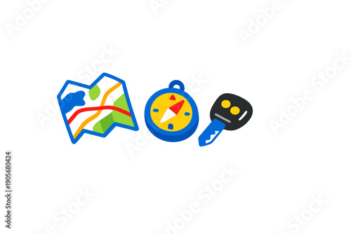 A colorful graphic illustration featuring a folded map, a round compass with a red needle, and a car key. These icons are isolated on a black background, representing travel and navigation.