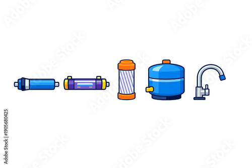 A set of five stylized icons representing water filtration system components, including filter cartridges, a storage tank, and a faucet, isolated on a black background.