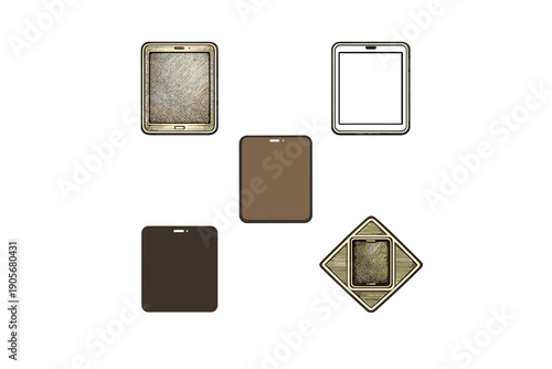 A collection of five stylized digital tablet icons in various shades of brown and gold, arranged on a solid black background with one icon enclosed in a diamond frame.
