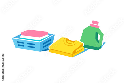 A flat vector illustration featuring a blue laundry basket filled with folded clothes, a neatly folded yellow t-shirt, and a green bottle of liquid detergent on a black background.