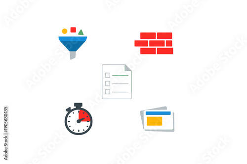 A collection of five minimalist flat icons including a funnel with shapes, a red brick wall, a checklist document, a stopwatch, and stacked interface windows on a black background.