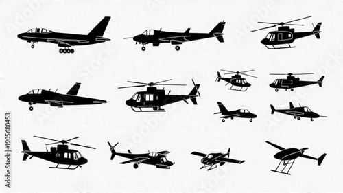 Titles: Aircraft Jet and Helicopter Icon Set, Military and Civilian Aviation Silhouettes, Minimalist Air Transport Vectors, Black Outline Plane and Chopper Graphics

