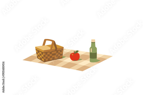 A flat vector illustration of a picnic setup featuring a woven basket, a red apple, and a green bottle on a checkered blanket, all set against a solid black background.