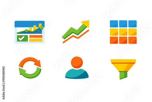 Six flat design icons representing business analytics, growth trends, data grids, synchronization, user profiles, and filtering processes displayed on a dark background.