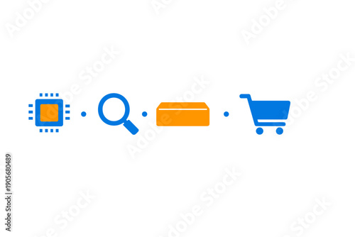Four colorful flat icons representing technology, search, logistics, and commerce are arranged in a horizontal line on a dark background, connected by small blue dots.