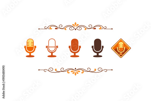 Five different microphone icons in shades of orange and brown are displayed between two ornate decorative borders on a solid black background, representing audio and broadcasting.