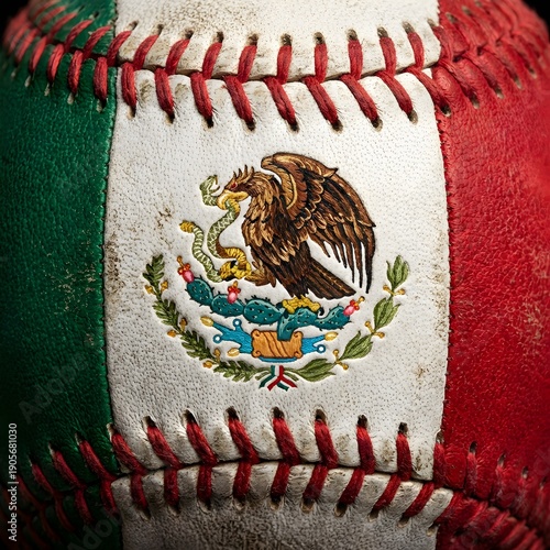 Detailed baseball showing Mexico flag texture with embroidered eagle emblem on leather