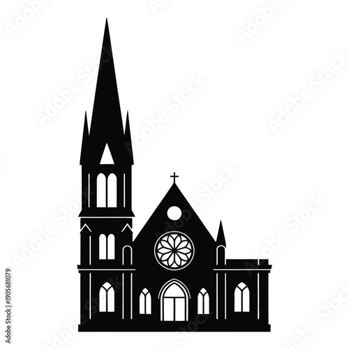 gothic church building exterior with tall spire and stained glass windows, historical architecture silhouette for religious services and events, european cathedral facade