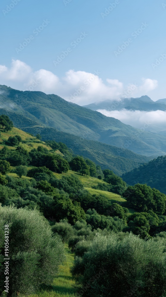 Fototapeta premium Serene Composition of Olive Groves and Terraced Hills in Moroccan Landscape