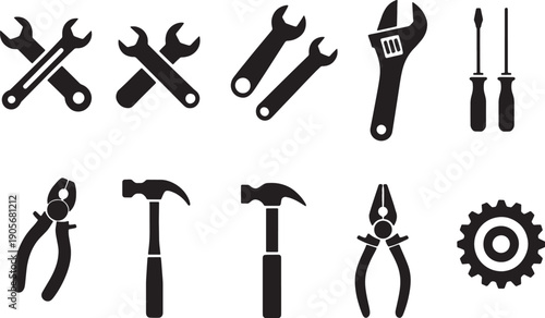 Collection of black silhouette representing various hand tools and a gear wrench