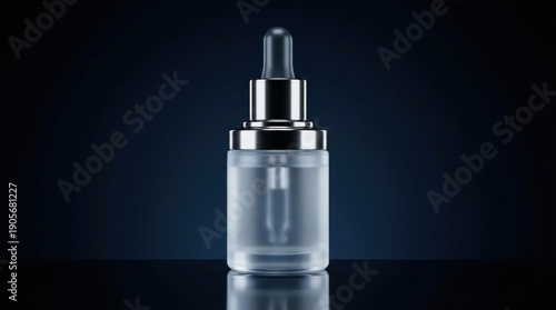 Clear liquid serum in a frosted glass dropper bottle with a silver cap Reflective surface against a dark background