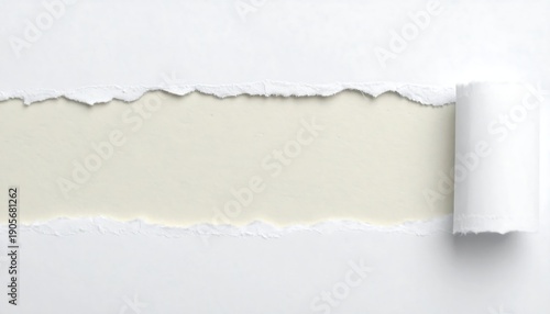 A torn paper reveals the textured beige surface beneath. A curled, intact piece of the white paper sits on the right