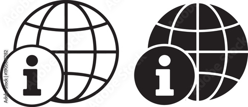 Two black and white of a globe with an information symbol internet communication