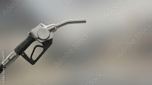 A modern metallic silver and black gasoline fuel pump nozzle head positioned against a soft blurred neutral background