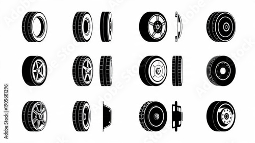 Titles: Car Wheels and Tires Icon Set, Automotive Rims and Rubber Vectors, Different View Car Wheel Graphics, Minimalist Vehicle Tire Collection

