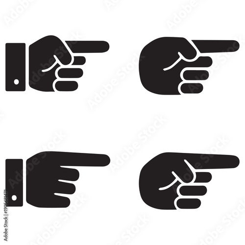 Set of Four Pointing Hands Icons - Simple Black and White Vector Gestures for Communication and Direction