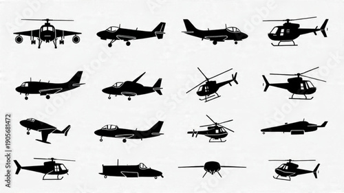 Titles: Aircraft Jet and Helicopter Icon Set, Military Aviation Silhouette Graphics, Minimalist Air Transport Vectors, Black Outline Airplane and Chopper


