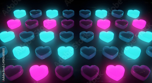 Wallpaper Mural Futuristic Neon Heart-Shaped Love Pills Matrix with Glitch Effect on Dark Background - 3D Render Concept for Relationships, Health, Romance Torontodigital.ca