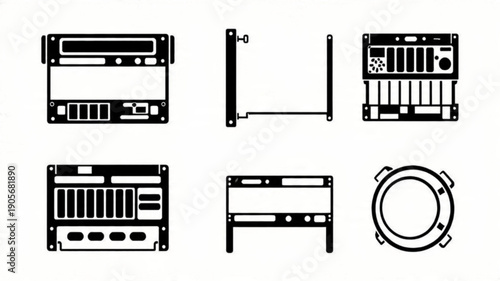 Titles: Computer Hardware Components Icons, PC Case and Internal Structure Vectors, Minimalist Electronics Assembly Graphics, Digital Device Parts Outline Set

