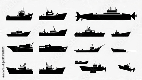 Titles: Ships and Boats Icon Set, Marine Vessels Silhouette Collection, Minimalist Maritime Transportation Vectors, Naval and Cargo Ships Outlines

