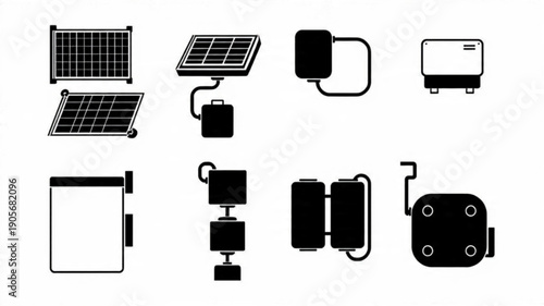 Titles: Solar Panel and Battery Icons, Renewable Energy Technology Set, Minimalist Power System Graphics, Black Vector Green Energy Symbols


