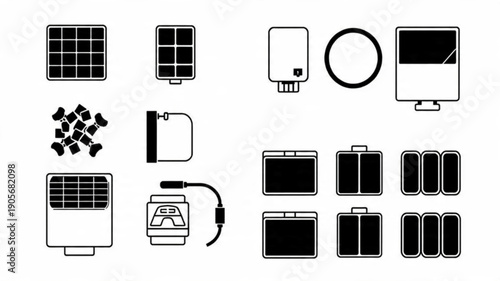 Titles: Technology Home and Travel Icons, Solar Panel Water Heater Luggage, Gaming Controller Electronics Set, Minimalist Household and Trip Symbols

