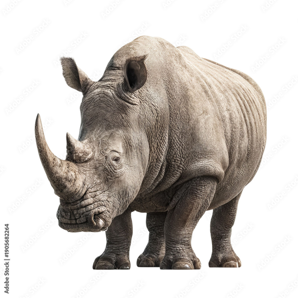 Fototapeta premium PNG of A close-up of a majestic rhinoceros showcasing its textured skin and prominent horn.