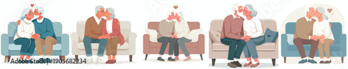 vector of a old couple kissing affectionately on sofa