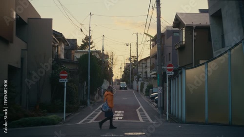 Japanese neighborhood at sunset with warm evening light covering residential streets and houses.