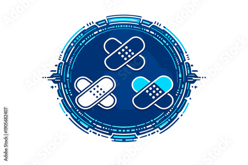 A digital illustration featuring three sets of crossed adhesive bandages inside a glowing blue futuristic circular interface with high-tech data elements on a black background.