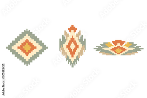 Three pixelated geometric tribal patterns are displayed against a solid black background. The designs feature symmetrical diamond shapes in shades of sage green, cream, orange, and yellow.