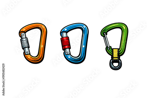 A set of three stylized climbing carabiners in orange, blue, and green colors shown on a black background. The illustration features different gate types used for rock climbing gear.