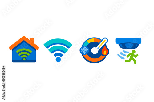 A set of four colorful smart home icons featuring a connected house, a wireless signal, a temperature control thermostat, and a motion security sensor on a black background.