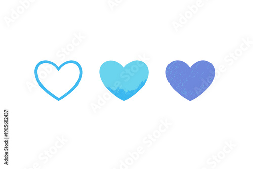 Three hand-drawn hearts are arranged horizontally on a black background. The first is a blue outline, the second is solid light blue, and the third is a solid purple color with texture.
