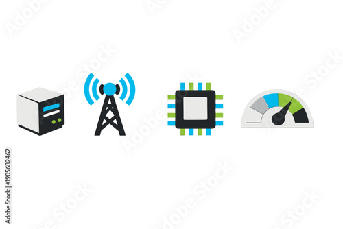 A row of four technology icons featuring a server unit, a signal tower, a microchip, and a speedometer gauge is presented on a plain black background for a modern look.