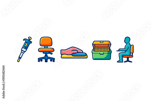 A set of five colorful icons representing laboratory equipment, ergonomic office furniture, and proper sitting posture for workplace health and safety on a black background.