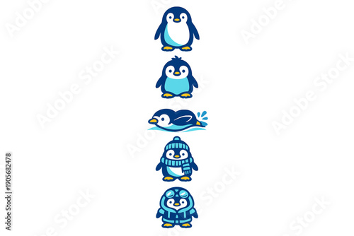 Five cute cartoon penguin characters arranged vertically on a black background, including one swimming and others wearing winter accessories like a hat, scarf, and goggles.