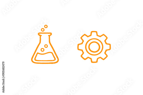 A minimalist illustration features an orange Erlenmeyer flask and a cogwheel icon against a dark black backdrop, symbolizing the intersection of scientific research and industry.