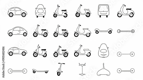 Car and Scooter Vehicle Icon Set, Urban Mobility Vector Graphics, Minimalist Automotive Collection, Personal Transport Symbols

