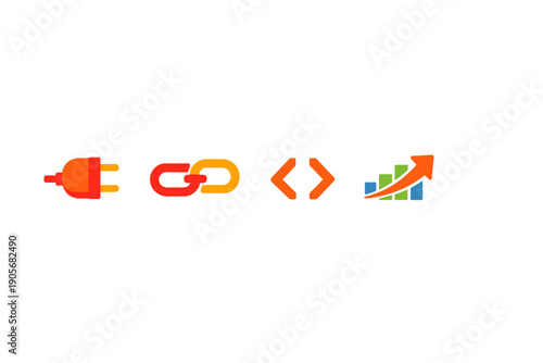 Four colorful icons representing technology and growth are displayed on a solid black background. The set includes a plug, chain links, code brackets, and a rising bar chart.