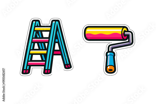 A vibrant illustration featuring a cyan step ladder with yellow and pink rungs next to a matching paint roller, set against a black background for a modern home renovation theme.